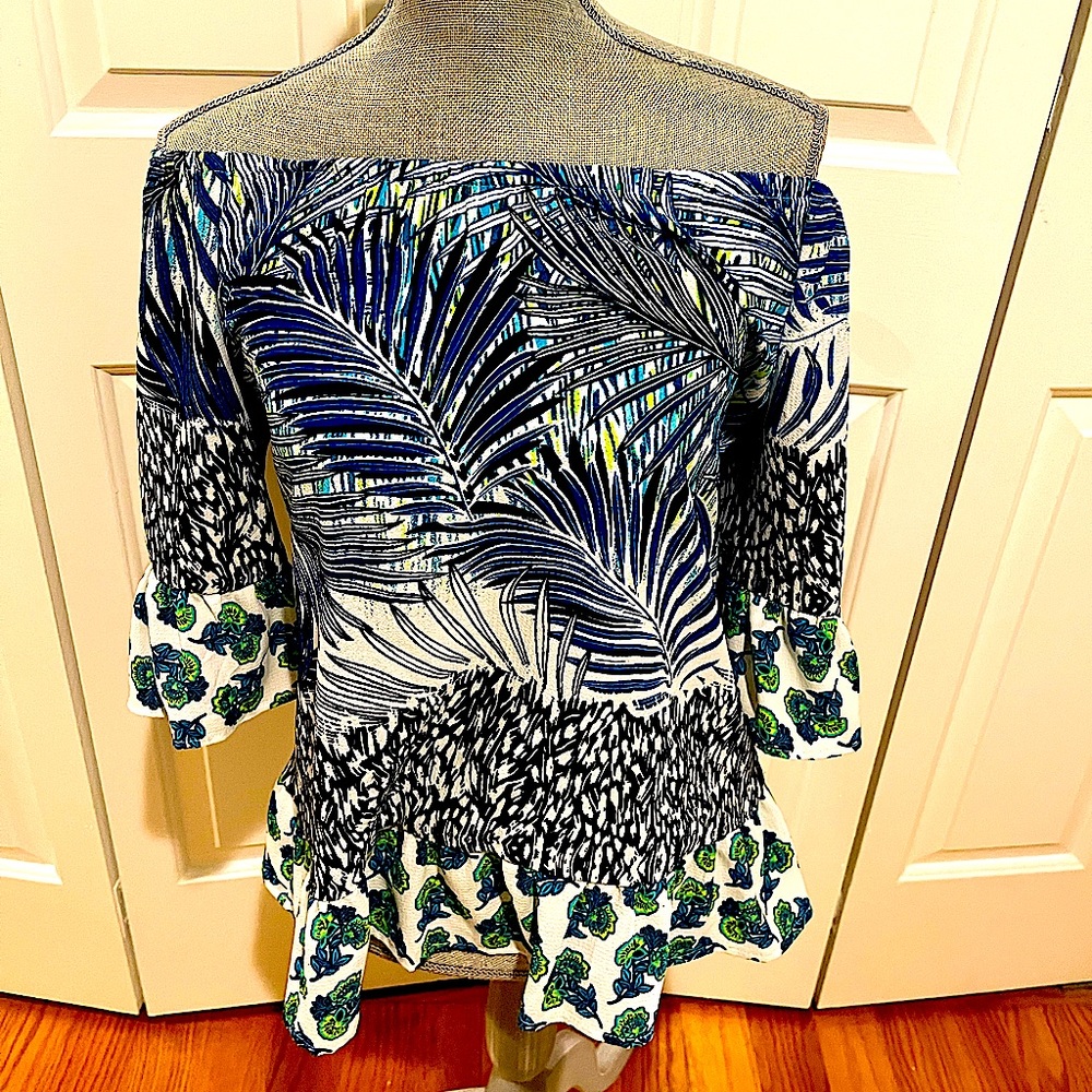 Tropical Looking off shoulder blouse, size S, with ruffled waist